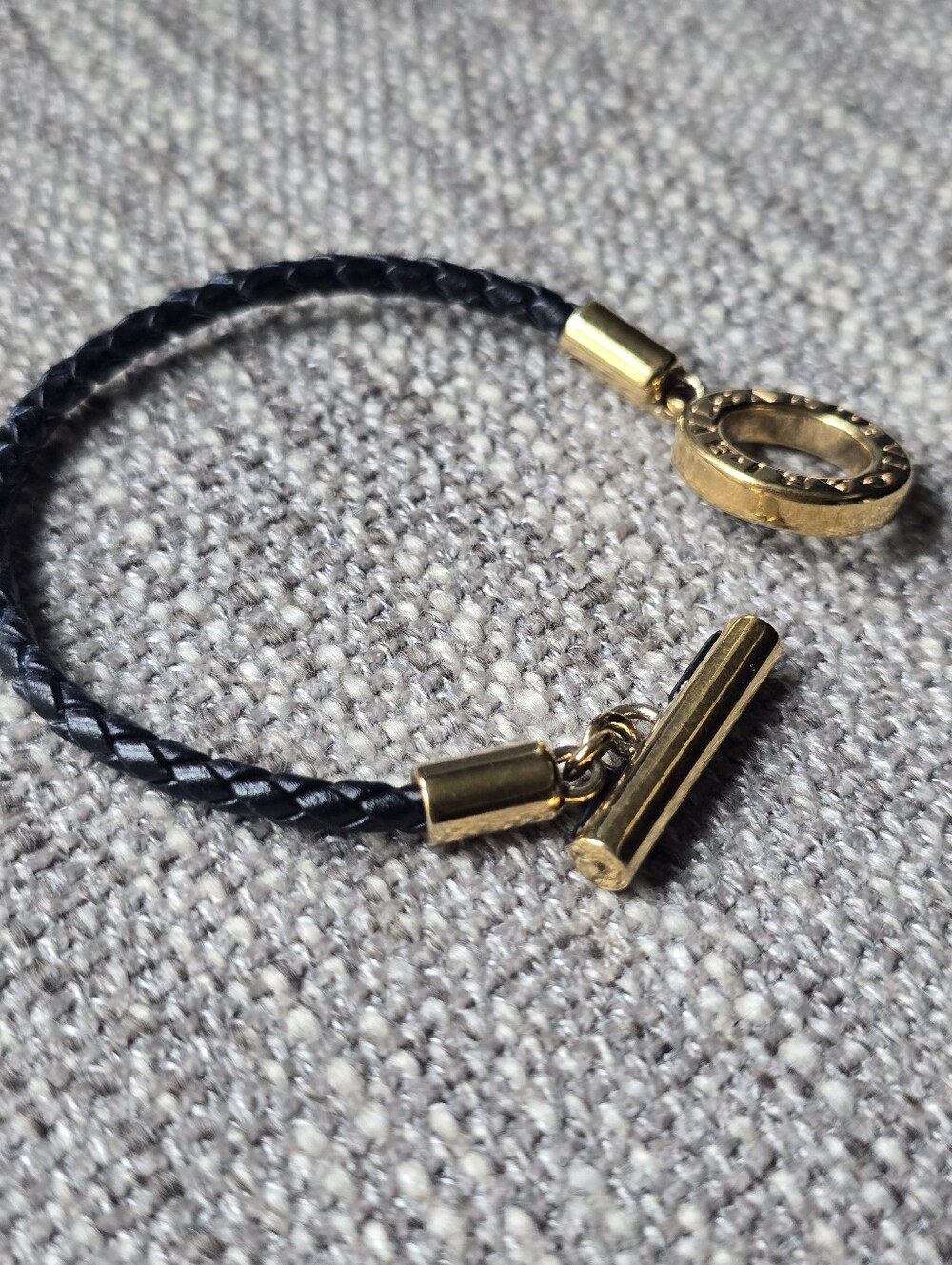 Authentic BVLGARI Black Braided Leather Bracelet with Gold Toggle